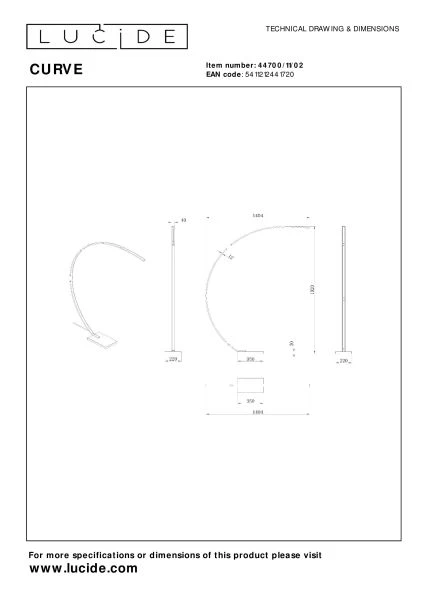 Lucide CURVE - Lampadaire arceau - LED Dim. - 1x15W 2700K - Or Mat / Laiton - technique